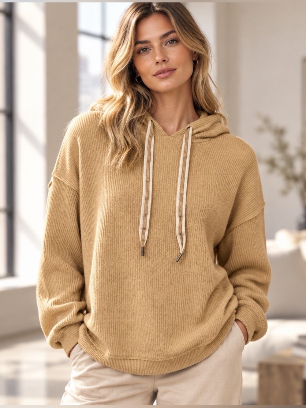 Aerie Tan Waffle Knit Hooded Pullover Sweatshirt 100% Cotton Size M